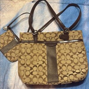 Coach Brown and Tan Signature Tote Bag
